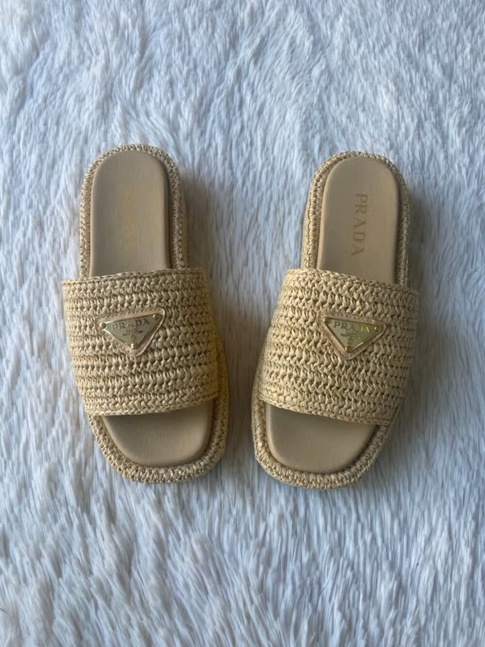 Prada Beige Woven Raffia Slide Sandals
